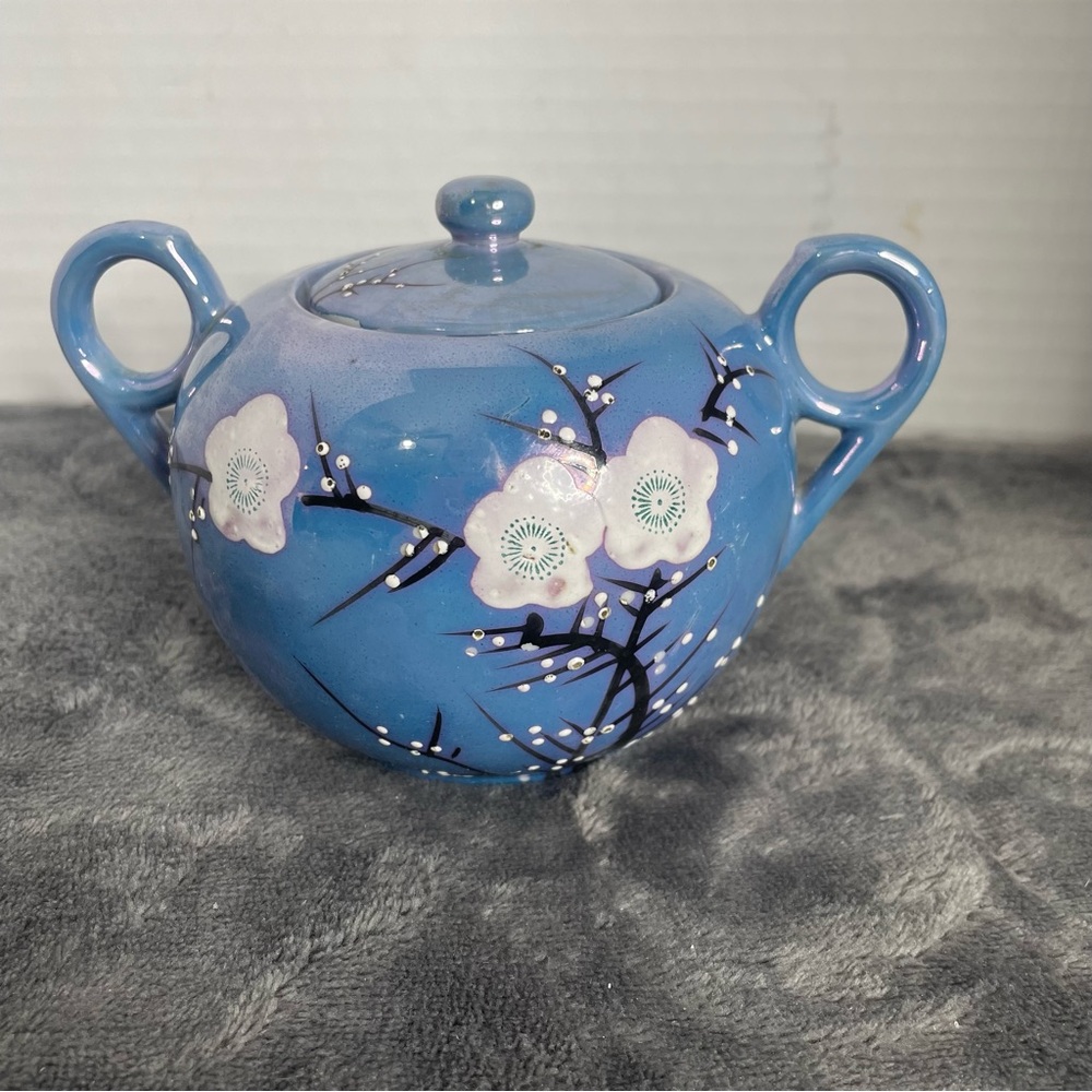 Japanese Cherry Blossom Iridescent Blue Lusterware Sugar Dish‎ Vintage